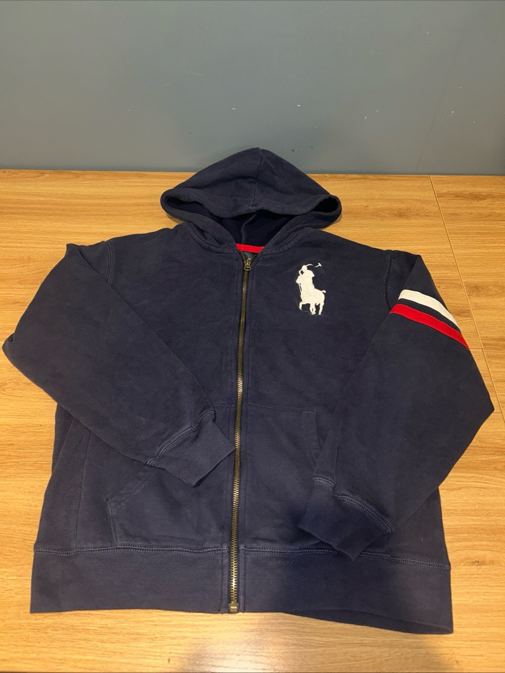 Polo Ralph Lauren Vintage Boy L  14 -16 Hoodie Navy Striped Big Pony Zip Jacket
